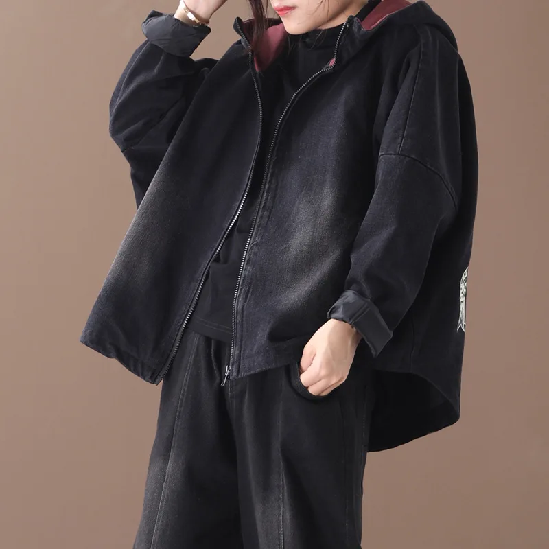 Осенне-зимние куртки ретро женские свободные большие размеры с капюшоном на молнии пальто с принтом топы женские новые повседневные Универсальные джинсовые куртки - Цвет: Figure 2
