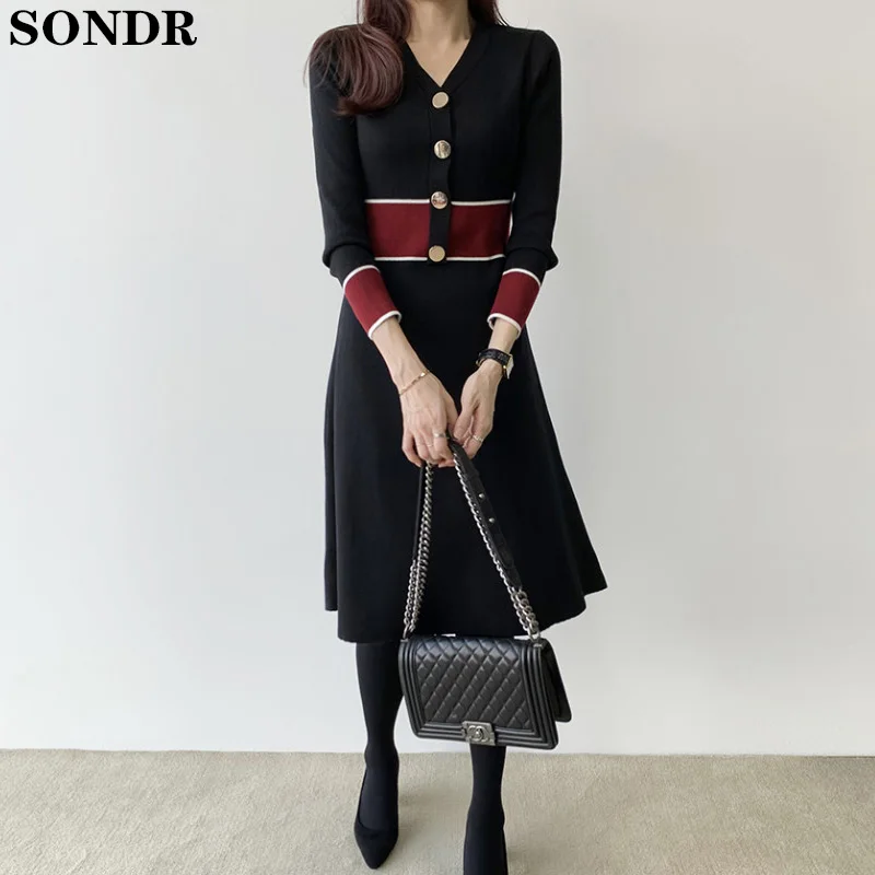 

Chic Korea Summer Dress Elegant Splice Long Sleeve A-Line Sweater Dress Women High Waist Slim Was Knitted V-Neck Maxi Dress 2020