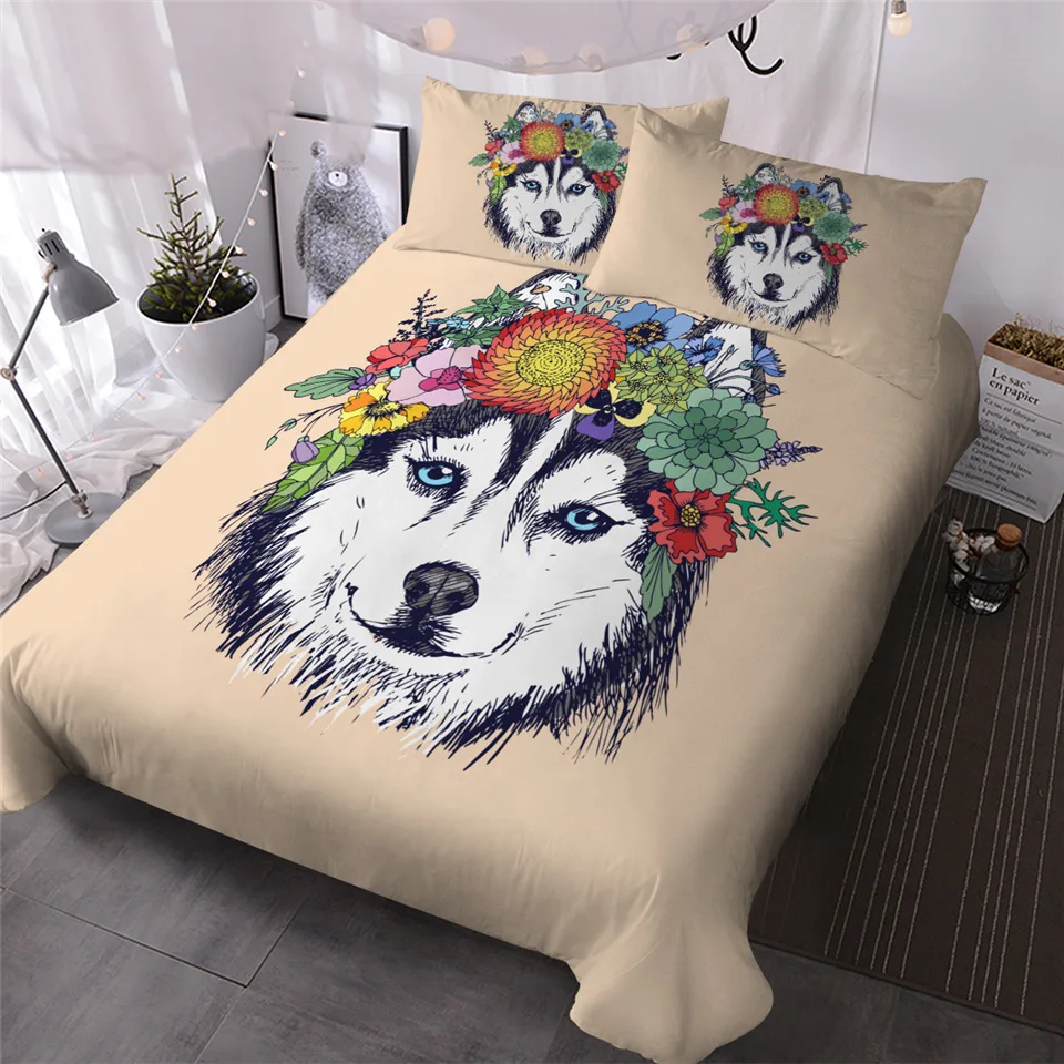 

HM Life Duvet Cover Set Hippie Husky Bedding Boho Flowers Animal Print 3 Pieces Bedding Set Puppy Dog Comforter Cover Set