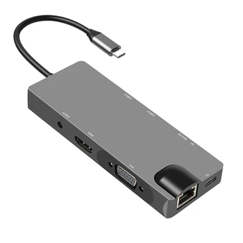 

9 in 1 USB C HUB, Docking Station with USB3.0X2 + SD/TF + VGA + HDMI + o + RJ45 + PD for PC Laptop