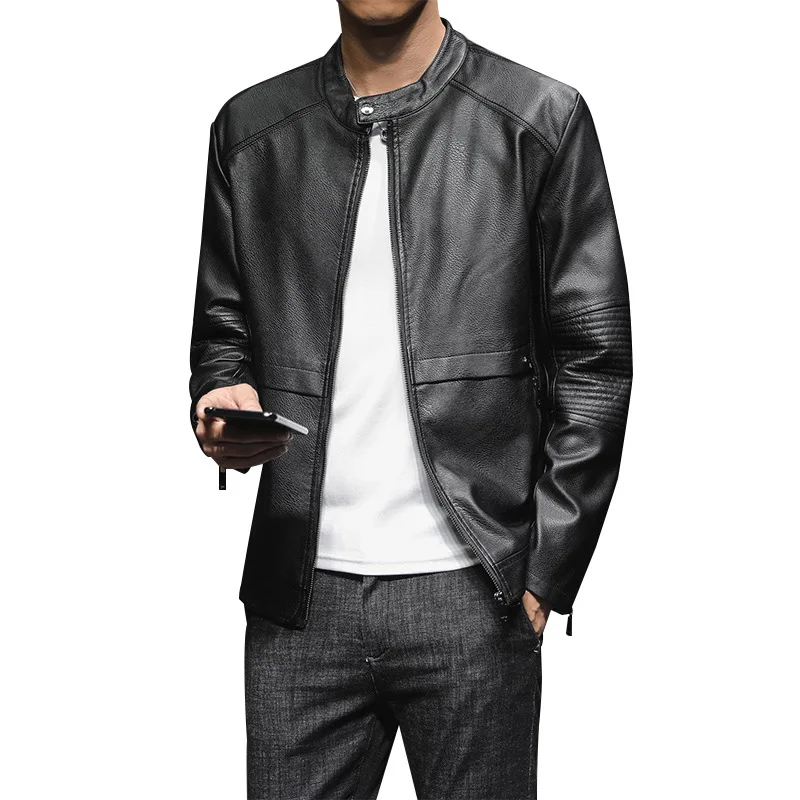 

2019 Leather Jacket Youth Men Casual Jacket PU Jacket Baseball Stand Collar Spring And Autumn New Style Fashion Man Leather Coat