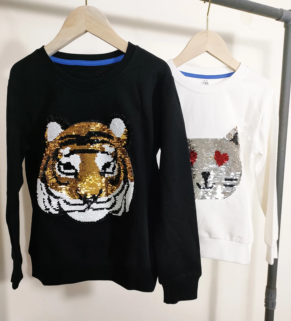 Sequin Tiger Change to Panda Cotton Sweatshirts Hoodies Kids Mother Baby Boys Girls T Shirts Children Family Matching Outfits |