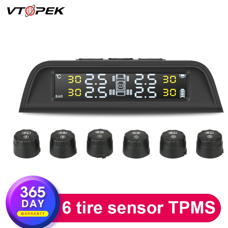 

Vtopek TPMS Car Truck Wireless Solar Power Universal Alarm Tire Pressure Monitoring System 6 Sensors for Pickup Minivan Minibus