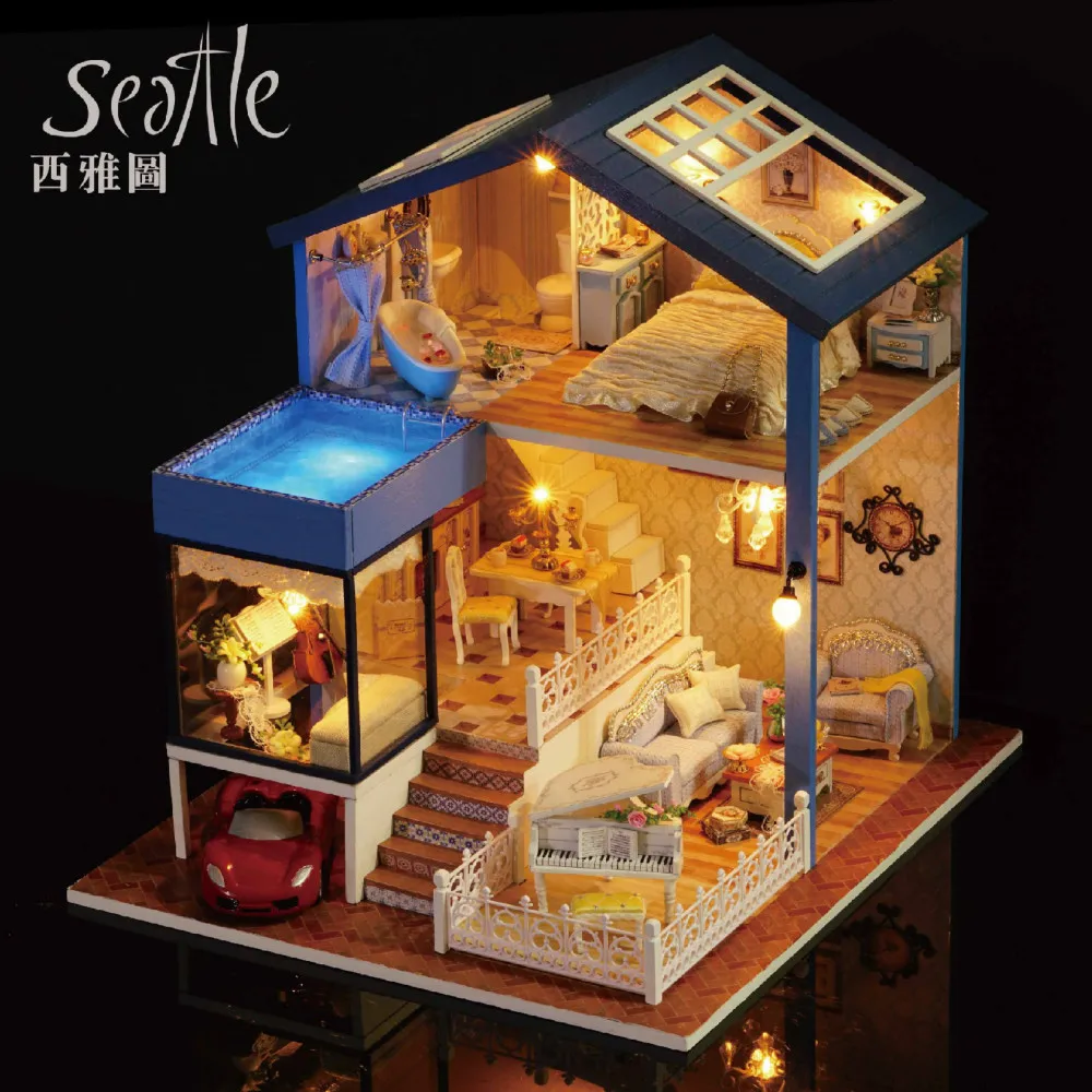 

Diy Cottage Seattle Handmade House Model Birthday Gift Creative Lighting Cottage Pool Garage Furniture Miniature Diy Dollhouse