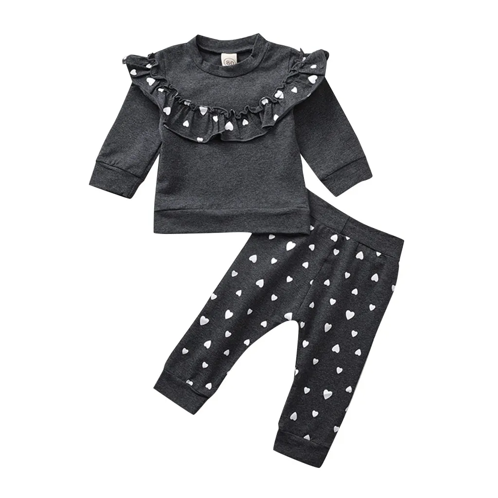 Детская одежда для девочек весенне-осенняя одежда комплект из 2 предметов для маленьких девочек, футболка с длинными рукавами и оборками пуловер с принтом комплект из топа и длинных штанов