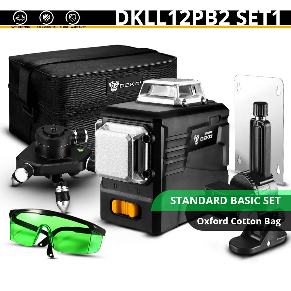 DKLL12PB2 SET1 DEKO DKLL12PB2 12 зеленых линий супер мощные вертикальные горизонтальные поперечные линии 360 градусов вращающийся самонивелирующийся 3D лазерный уровень - Цвет: DKLL12PB2 SET1
