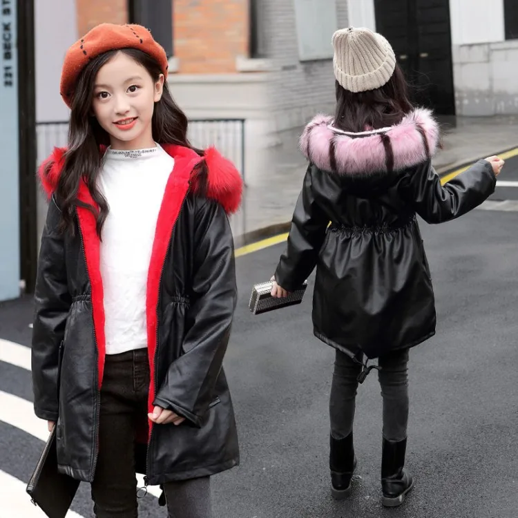

Girls Winter Warm Thick Jacket Kids PU Leater Velvet Lining Coat Teeange Windbreaker Coat Baby Girls Long Leather Coat Children