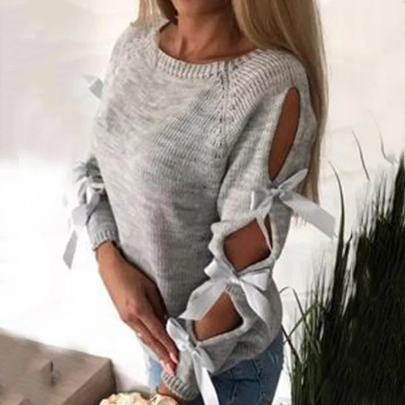 

Women Pullover Fashion Casual Pullover Solid Color Hollow Long Sleeve Bow knot Winter Tops