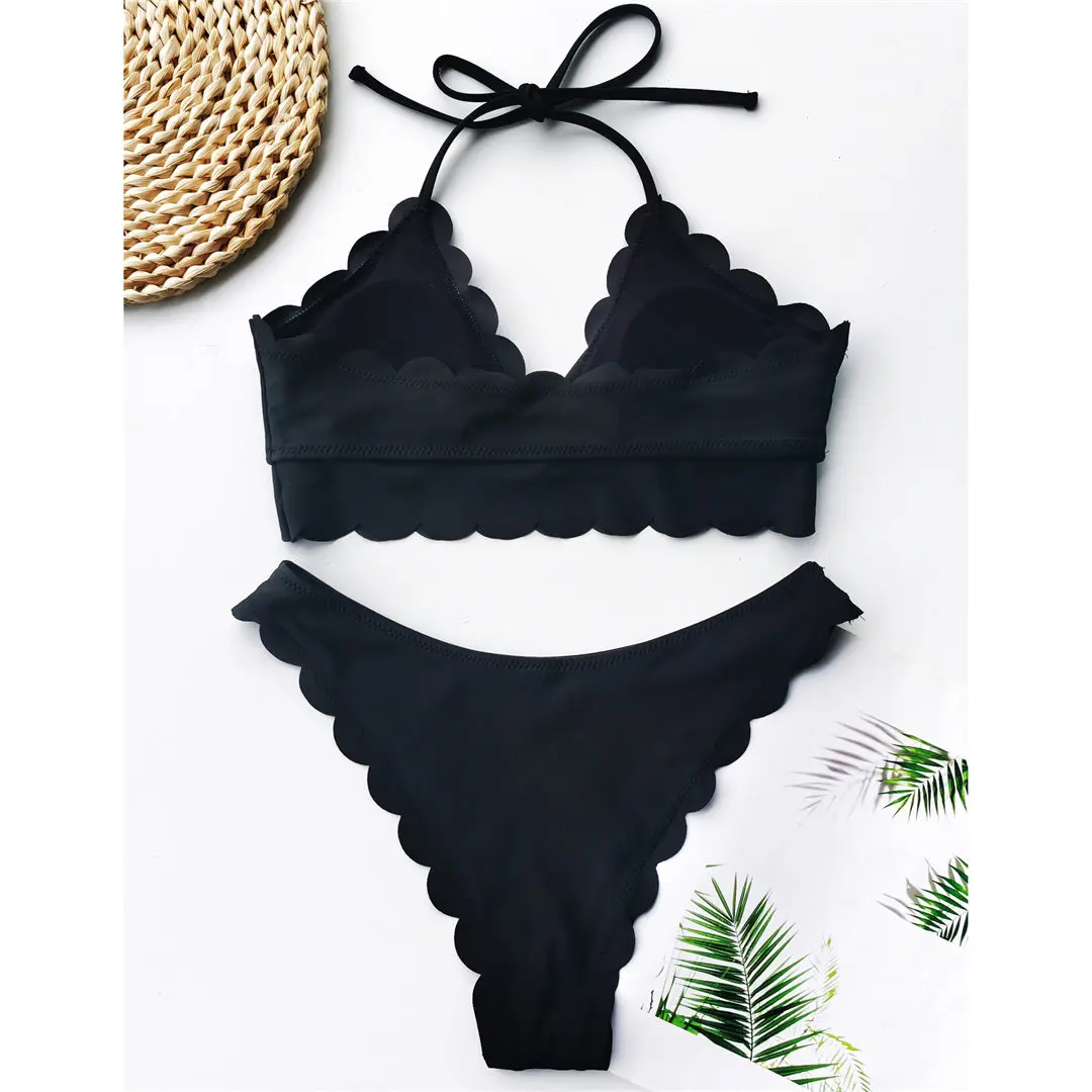 2020 Scalloped Mid Waist Bikini Female Swimsuit Women Swimwear Two-pieces Bikini set Halter Bather Bathing Suit Swim Lady V2446
