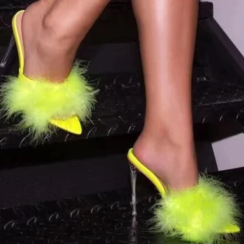 

Doris Fanny 2020 new summer shoes high heel mules women sandals white slippers with feathers