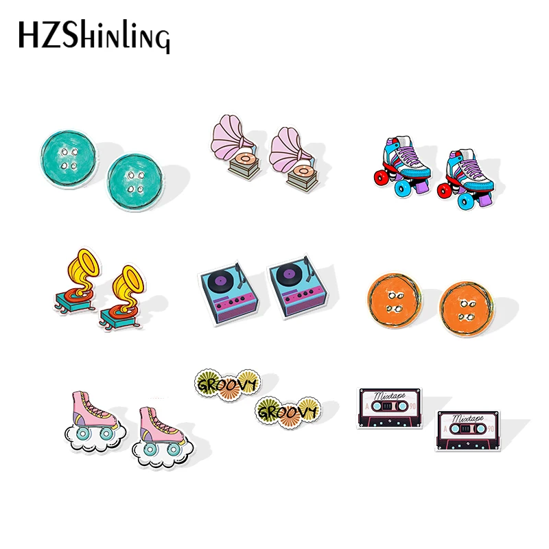 2019 New Roller Skate Acrylic Earrings Record Player Mixtape Epoxy Earring Gifts | Украшения и аксессуары