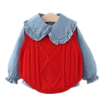 

DFXD Children Clothing Sets Full Sleeve Denim Blouse Knitted Sweater Vest Suit Outfit 1-4Yrs Fashion Kids Sets Toddler Clothes