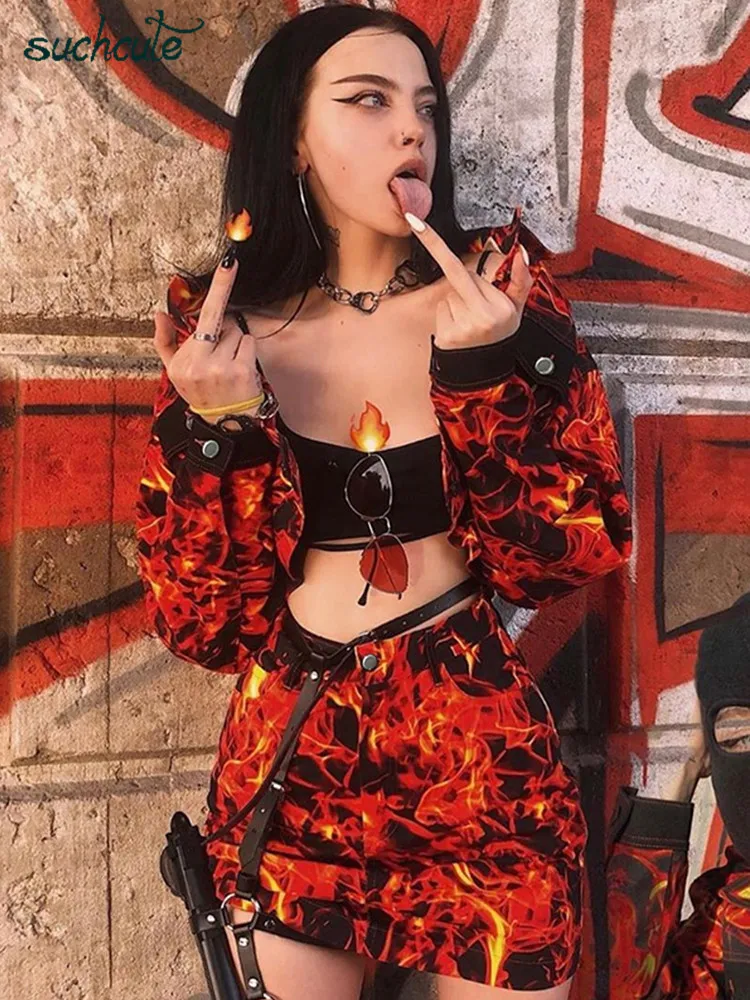 SUCHCUTE Fire Flame Print Two Pieces Sets Coat And Skirt Women Suits Gothic Party Punk A-Line Skirts Streetwear Female Clothes SUCHCUTE Fire Flame Print Two Pieces Sets Coat And Skirt Women Suits Gothic Party Punk A-Line Skirts Streetwear Female Clothes