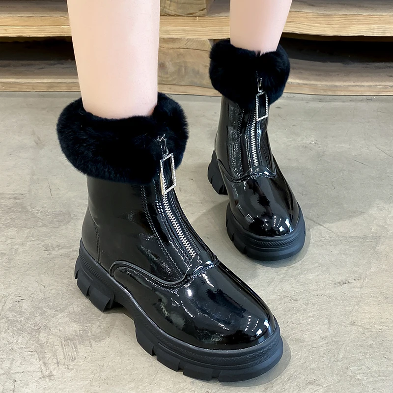 

2019 New Winter Boots Bling Zip Leather Snow Boots Women Fashion White Boots Ankle Platform Warm Suede Fur Boots Women Shoes