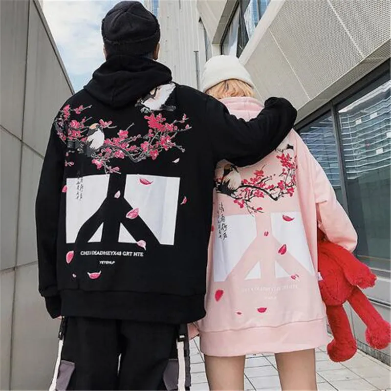 

Men Hip Hop Hoodies Sweatshirt Floral Bird Print 2020 Harajuku Streetwear Chinese Kanji Hoodie Pullover Autumn HipHop Oversized