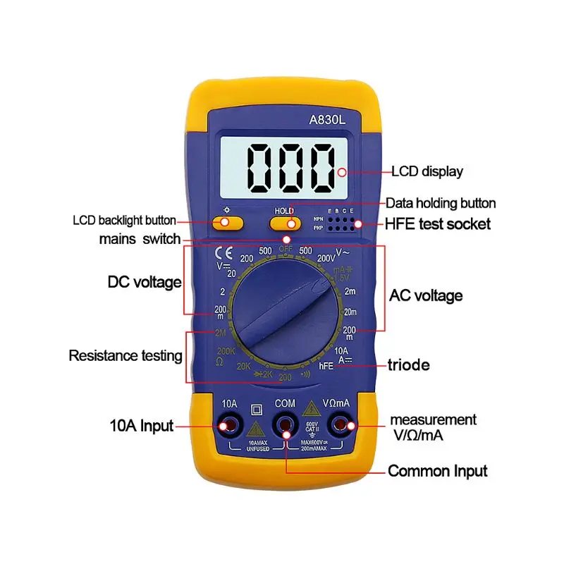 A830L ЖК-цифровой мультиметр AC DC Вольтметр Амперметр диодный Вольт тестер тока