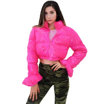 

Cropped Puffer Jacket Pink Sequin Bell Sleeve Parka Bubble Coat Winter 2020 Fall Women XL XXL