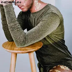 INCERUN Men Bodysuits Solid Color Round Neck Long Sleeve Casual Party Rompers Tops 2021 Shiny Sexy Men Bodysuit Underwear 5XL 7
