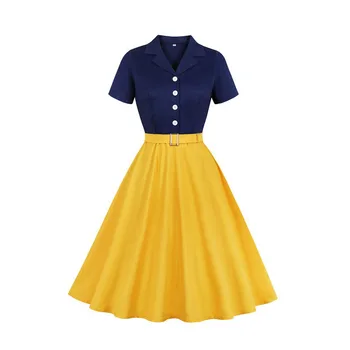 

Women Dress Elegant Retro 1950S Hepburn Dress Notched Lapel Patchwork Belt Plus Size 4XL 2020 Summer Bold Color Swing Vestido