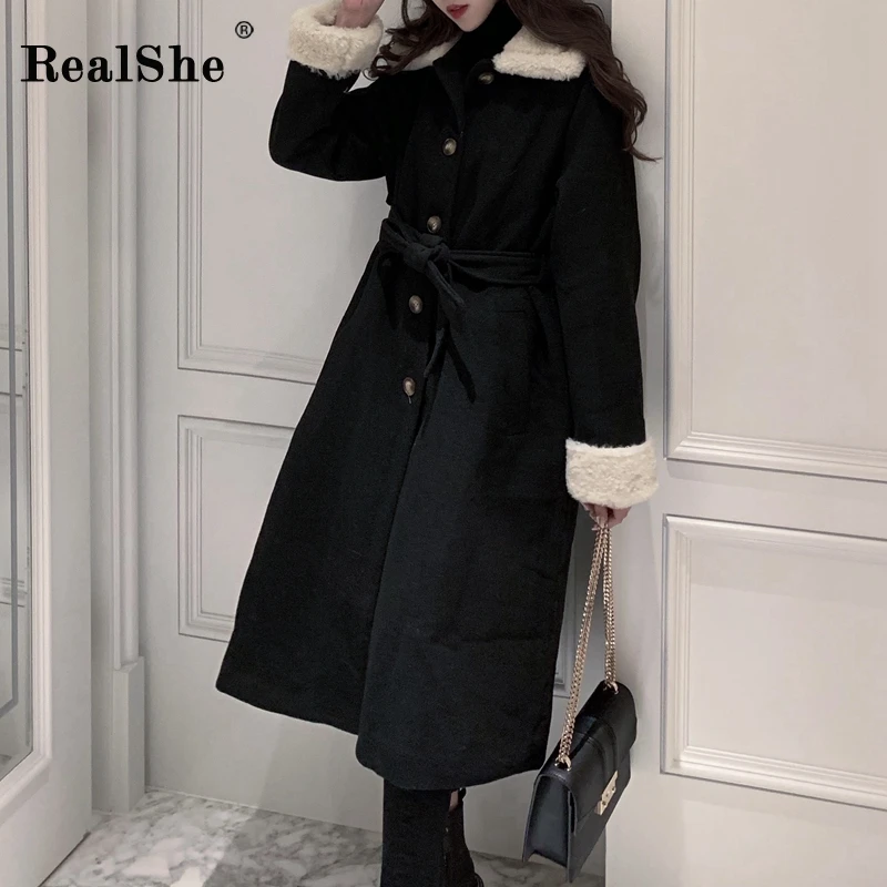 RealShe длинное шерстяное пальто с отворотом, длинным рукавом, пуговицами, Черное длинное пальто с поясом, весна, осень, длинное зимнее пальто для женщин