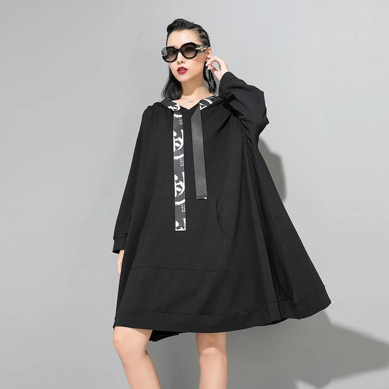 

LANMREM Solid Color Long Sleeve Hooded Print Ribbon Plus Woman Sweatshirts Dress Casual Simple Fashion 2019 Autumn New TV596