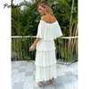 Pofash Chiffon Beige Solid Summer Dress Women Off Shoulder Cascading Ruffle Midi Dresses Female Backless Casual Vestidos 2021 2