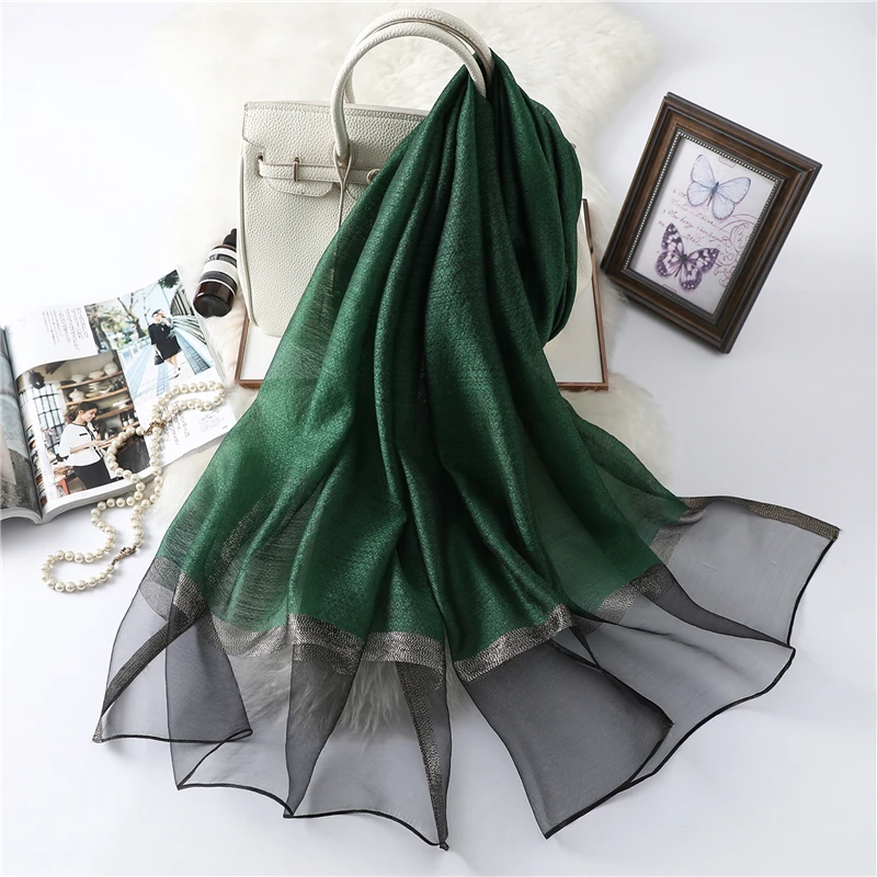 H18-Black green Модный однотонный шелковый шарф для женщин Блестящий хиджаб платок пашмины Шали Обертывания женские тонкие шарфы - Цвет: H18-Black green