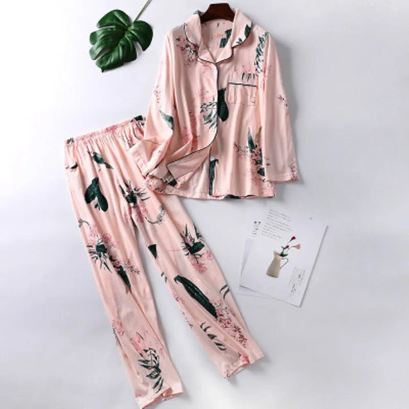 Хлопковый осенний пижамный комплект, женская сексуальная пижама, свободный размер, женская рубашка с длинными рукавами, штаны, 2 шт./компл., домашняя одежда для сна
