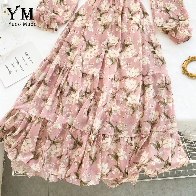 YuooMuoo Ins Модное Длинное Платье для отпуска, женское романтическое шифоновое платье с розовым цветочным принтом, туника с v-образным вырезом, элегантное богемное Макси-платье