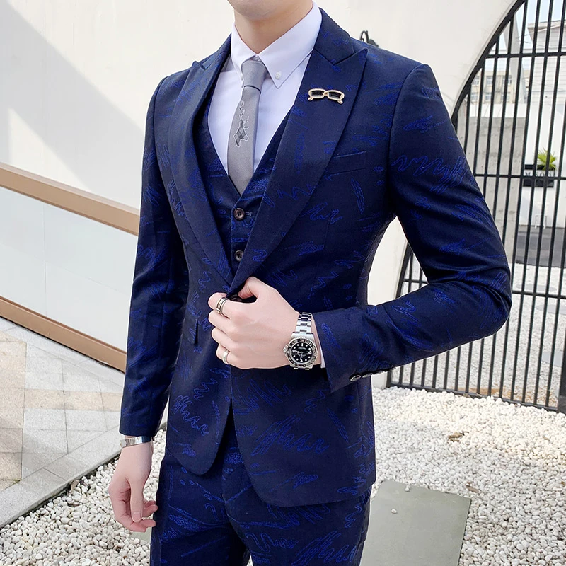 red dress with navy blue suit