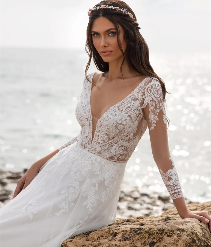 Boho Beach Wedding Dress 2021 A-Line V-Neck Long Sleeve Lace Appliques Tulle Backless Bohemian Bride Gown Sexy Charming Robe grace kelly wedding dress