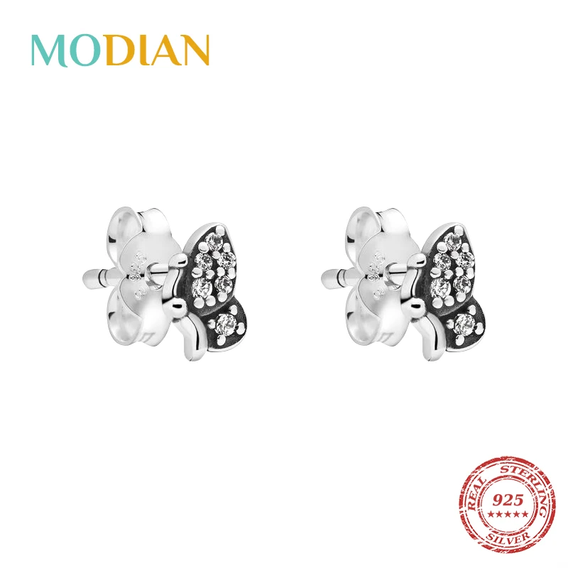 Modian, подлинные, 925 пробы, серебряные, прозрачные, CZ, элегантные, бабочка, очаровательные серьги-гвоздики для женщин, серьги, ювелирные изделия для рождественской вечеринки