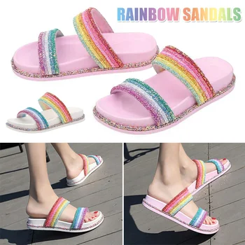 

Womens Open Toe Rainbow Slides Sandals Glitter Slip On Cute Beach Flats Slippers TC21
