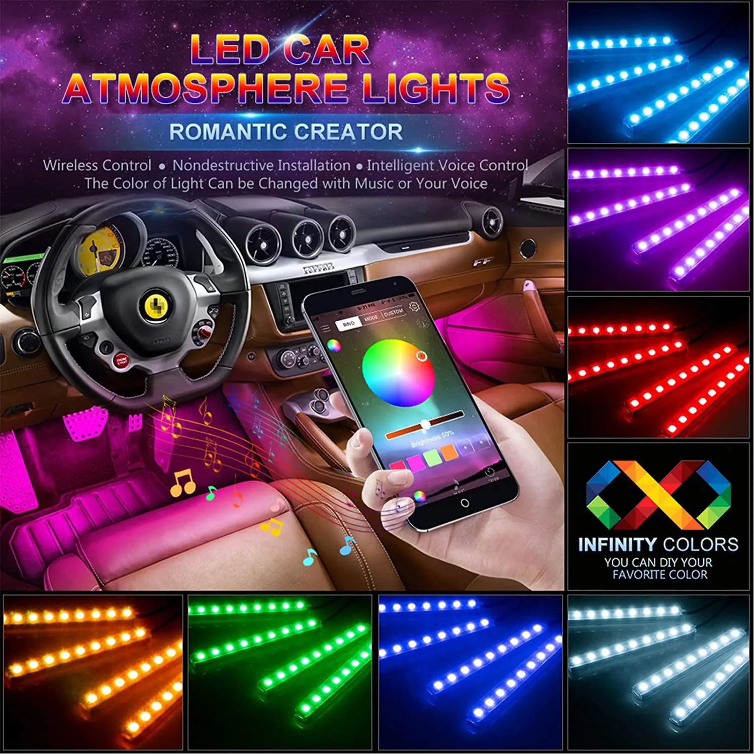 Eclairage intérieur Voiture à LED sans Fil,Eclairage intérieur Voiture  Rechargeable par USB,7 Couleurs Eclairage intérieur Voiture lumière