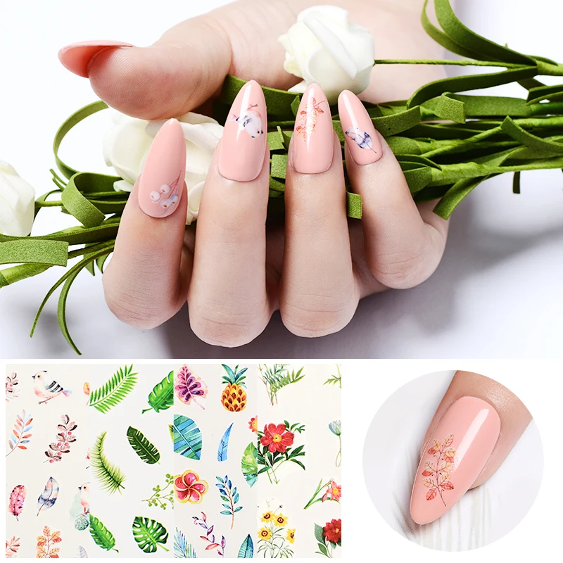 

MEET ACROSS 1 Sheet Water Nail Sticker Flower Leaf Feather Tree Green Decal Summer Slider for Manicure Nail Art Watermark Tips
