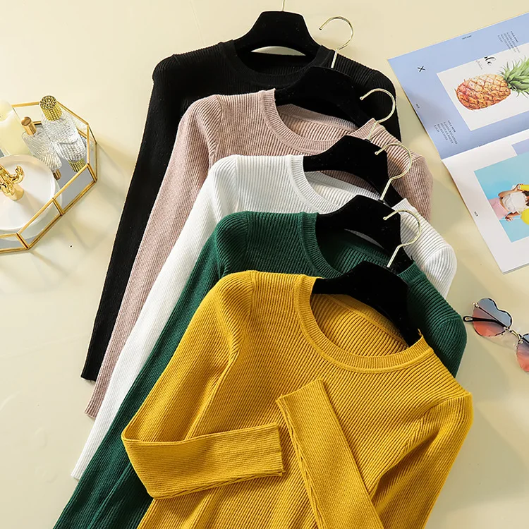 

One Size Casual Women Sweater Long Sleeve Skinny Knitted Sweater Pullover Candy Color Stretch Women Clothes Office Lady Tops