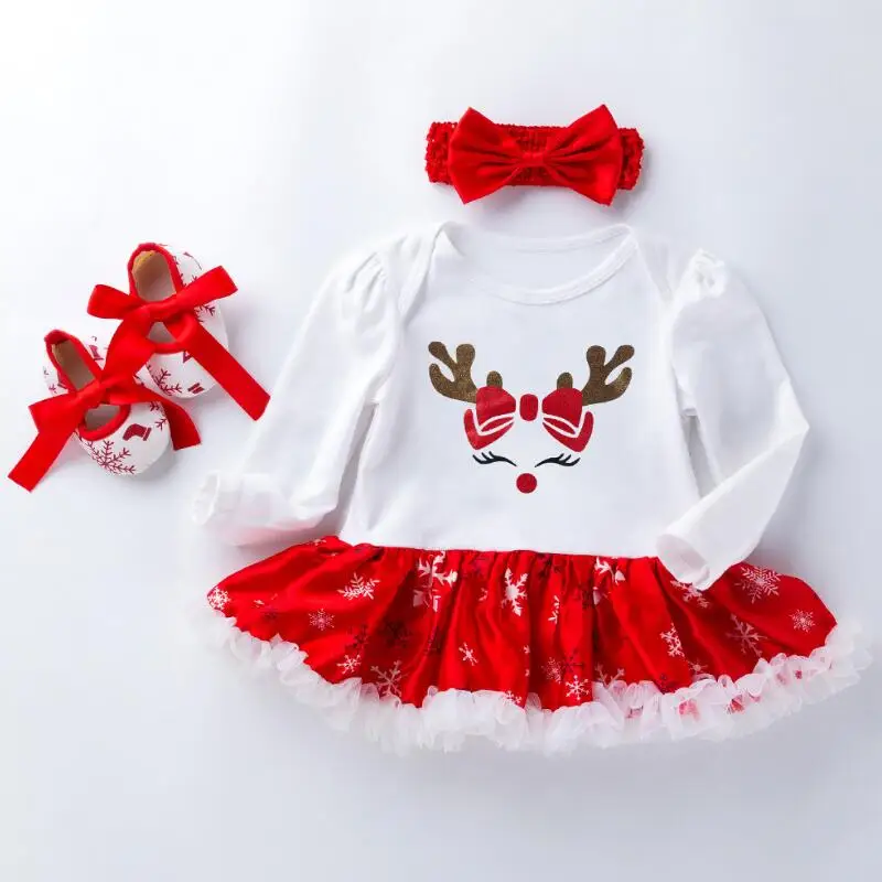 Infant Christmas Clothes 3pcs Sets Short Sleeves Baby Girls Clothes Newborn Rompers+Headband+Shoes New Year Gift Party Costumes - Цвет: Z542 Long sleeve