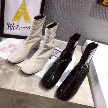

Short Ankle Boots Women Square Toe Mid Thick Heels 2020 Winter Back Zipper Slim Boots Fashion Short Botas Black/Beige Size 35-39
