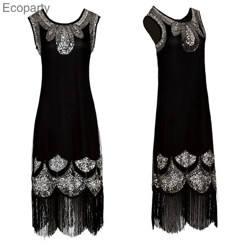 Черное шифоновое платье с блестками для коктейлей Downton Gatsby Charleston | Женская одежда