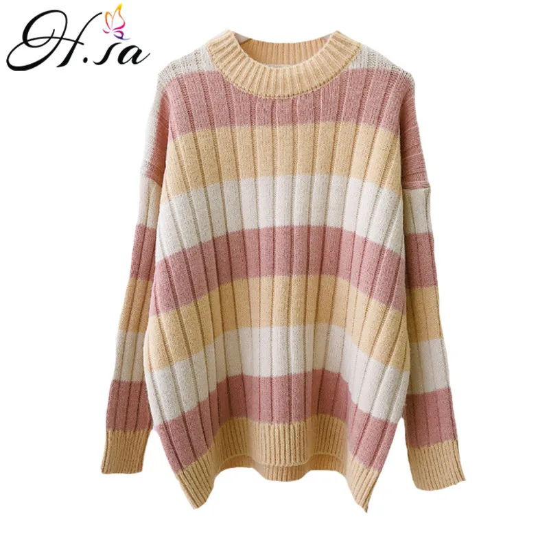 H. SA pull femme nouveaute Разноцветные полосатые джемперы с расклешенными рукавами, розовая Женская зимняя одежда
