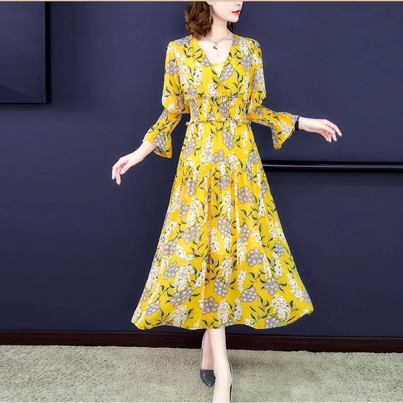 

# Floral Printed Long Dress Women Fashion V neck Long Sleeve Yellow Chiffon Dress 2019 Spring Summer High Waist Vestidos