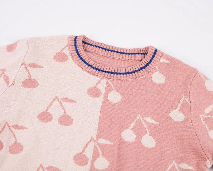 Tk19110cd Girls' Shirt Cherry Home Woolen Fabric Double Color Joint Parquet Craft Crew Neck Knitted Pullover