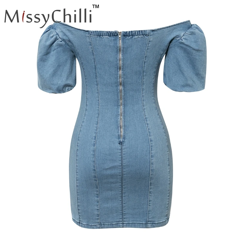MissyChilli джинсовое сексуальное платье с открытыми плечами, элегантное облегающее Клубное короткое платье с пышными рукавами для вечеринки, женское осеннее Синее джинсовое платье мини
