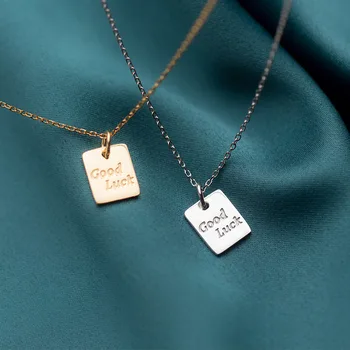 

925 Sterling Silver Square Pendant with Letter GOOD LUCK Gold Color Plated Chain Statement Necklaces Fine Jewelry for Women