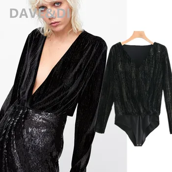 

Dave&Di 2020 bodysuits women england style office lady vintage elegant Metal wire velvet v-neck sexy bodysuits women tops