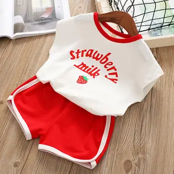 

Korean Soft Outfits Kids Girls Summer Splicing Lovely Cartoon Printing O-Neck Sleeveless Cotton Vest Solid Shorts Set