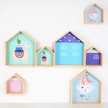 

Cartoon Wooden House Wall Shelf INS Nordic Style Kids Room Decoration Ornaments Stand Holder Organizer Storage Rack Photo Props