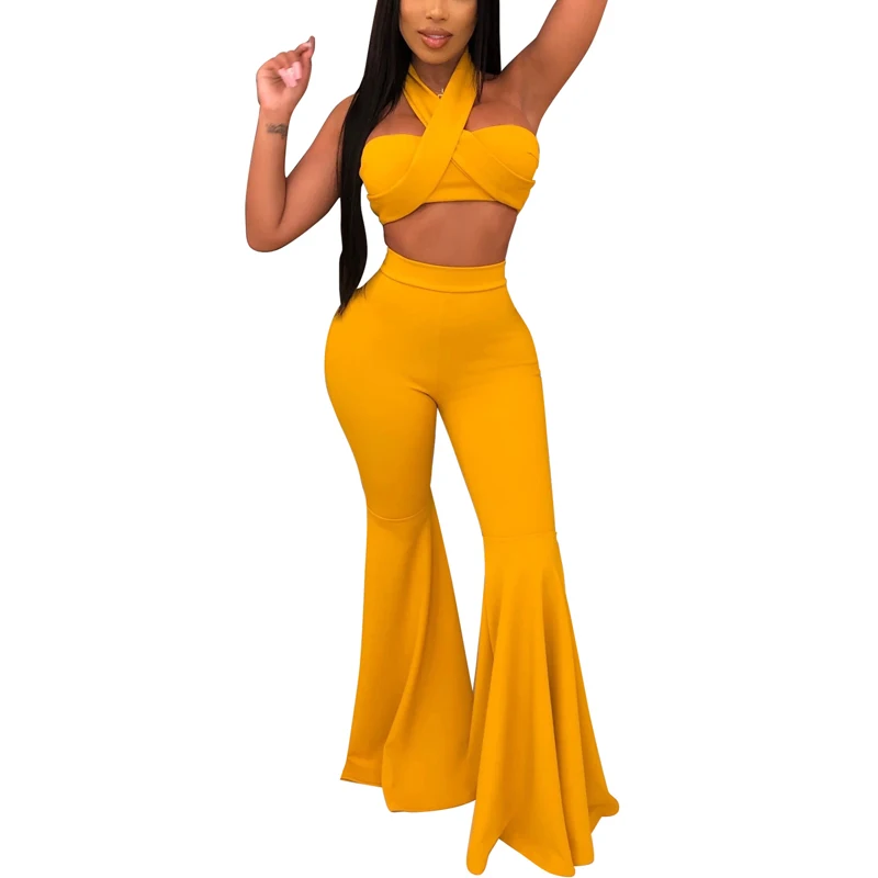 

Backless High Waist Women Strapless Sexy Two Piece Set Bandage Top and Wide Leg Pants Set Women Set