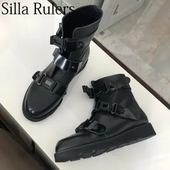 

2019 New Winter Buckle Thick Bottom Ankle Boots Woman Round Toe Genuine Leather Punk Boots Woman Runway Motorcycle Boots Woman