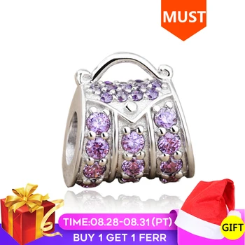 

SG 925 Sterling Silver Beads luxury handbag Charms with purple CZ Fit Original Europe Bracelet fashion Jewelry for women Gifts